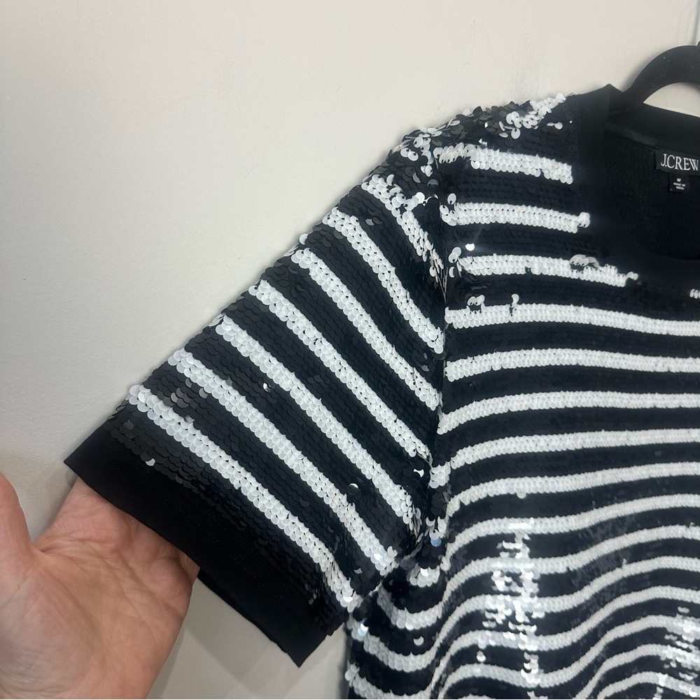 Jcrew Sequin T Shirt Black White Stripe Short Sleeve - Picture 3 of 7